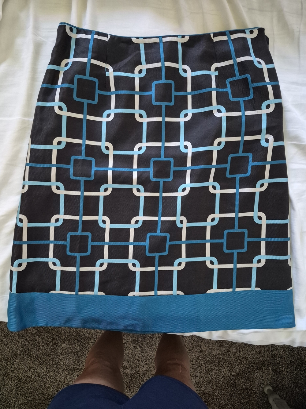 Talbots Black, Teal, and White Geometric Silk Pencil Skirt